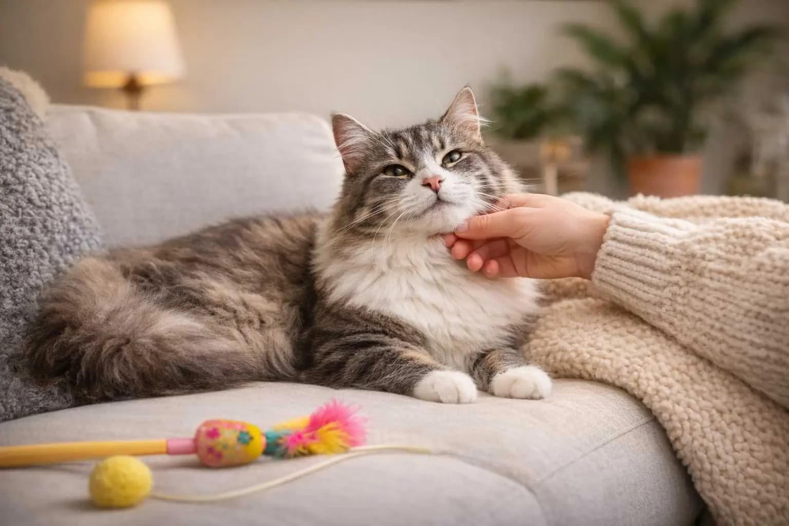 Happy cat being petted on couch during in-home cat sitting visit in Atlanta