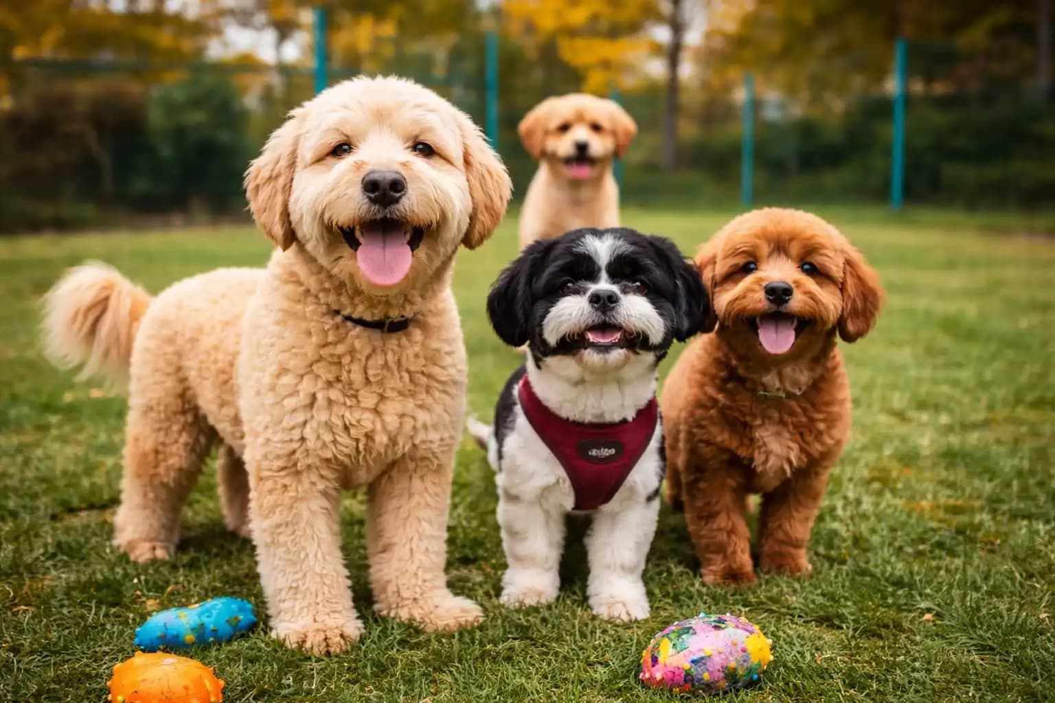 Group of happy dogs playing together during home-style boarding in Atlanta