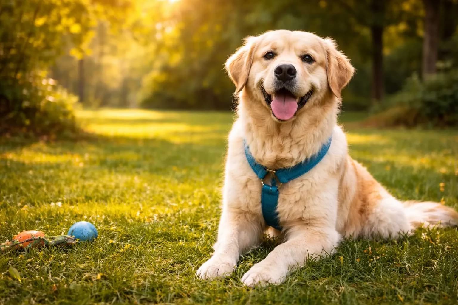Happy golden retriever with blue harness relaxing in sunny Atlanta park - professional pet care services